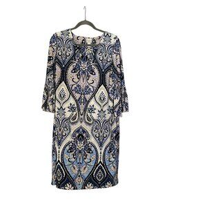 Chico Womens Paisley Blue Printed Jersey Dress Ruffle Sleeve Size Medium